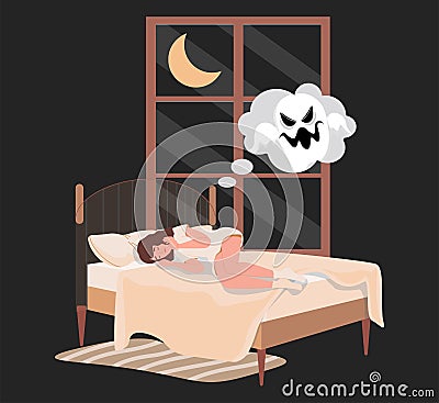Young woman lying in bed at night and has nightmare with ghost vector flat illustration. Sleeping disorder concept. Vector Illustration