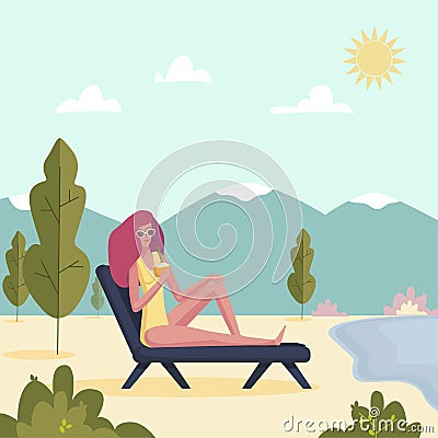 Young woman lying on deckchair with cocktail. Girl enjoying on sunlounger. Vector illustration on summer vacation beach Vector Illustration
