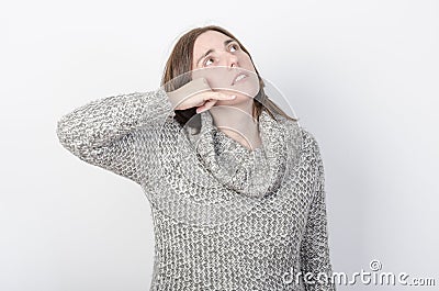 Young woman is makes gesture call Stock Photo