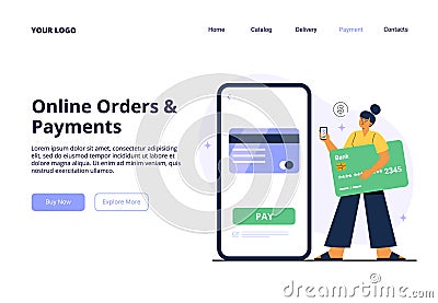 A young woman makes online payment on her phone. Easy and fast order and payment in online store. Vector Illustration