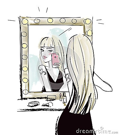 Young blonde woman makes selfie with mirror Vector Illustration