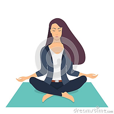 Young woman making meditation in lotus pose with closed eyes. Beautiful girl relaxes, practicing yoga on the mat. Vector flat Cartoon Illustration