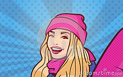 Young Woman Making Selfie Photo Portrait Wearing Winter Clothes Over Colorful Retro Style Background Vector Illustration