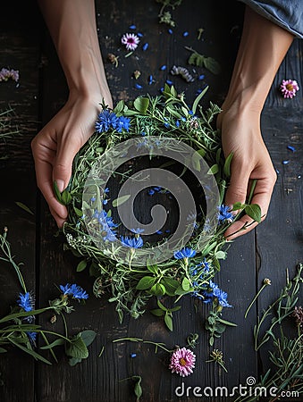 Young woman making a wreath of wildflowers on a wooden table. Florist creating midsummer decoration. midsummer Stock Photo