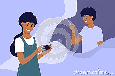 Young woman and man make video call and talk by mobile phone Vector Illustration
