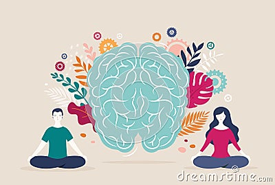 Young woman and man sit with crossed legs and meditate with brain icon on the background. Vector illustration Vector Illustration