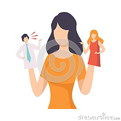 Young Woman Manipulating People Like Puppets, People Controlled By Puppet Master Vector Illustration Vector Illustration