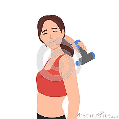 Young woman massage back with electric massager. Smiling girl relieve backache with electronic massaging device. Flat vector Vector Illustration