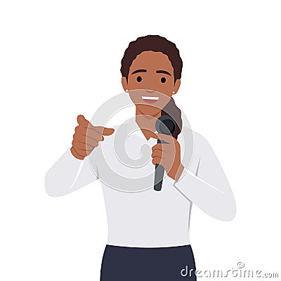 Young woman mc with microphone talking and pointing to the audience. Cartoon Illustration