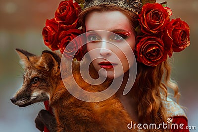Woman in medieval clothes with a fox Stock Photo