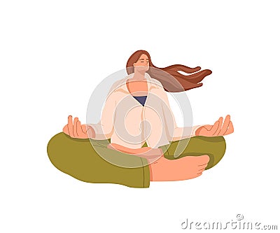 Young woman meditating in lotus pose. Happy girl practices balance, concentrates on breathing. Calm person sits in yoga Vector Illustration