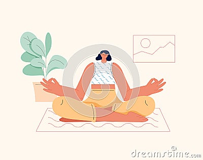 Young woman meditating. Meditation practice. Concept of zen, harmony, yoga, meditation, relax, recreation, healthy Vector Illustration
