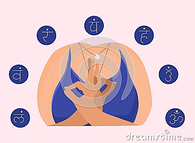 Young woman is meditating and opening her chakras with Indian ideology. Mudras for yoga. Jyotish or Hindu astrology. Vector Illustration