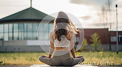 young woman meditating in yoga pose in nthe nature, woman meditating in nature, woman doing yoga exercise Stock Photo