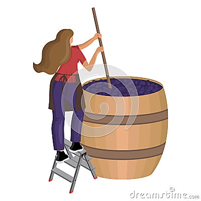 A young woman mixes and shakes grape pulp in a large wooden VAT. Winemaking, batonnage, maceration, fermentation Vector Illustration