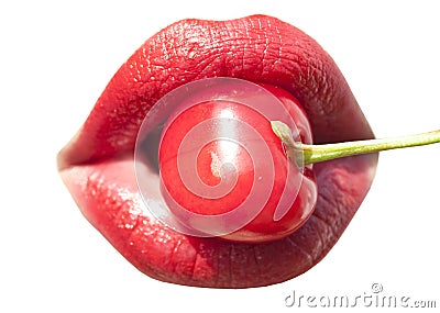 Young woman mouth with red cherry closeup Stock Photo