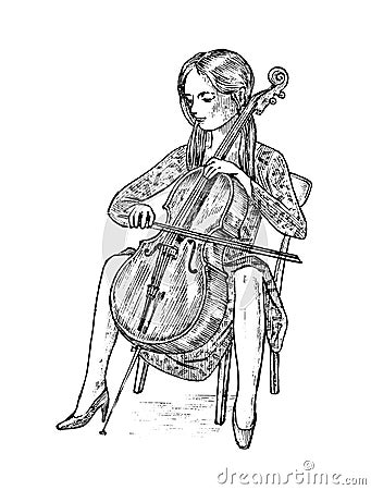 Young woman musician plays the cello on the classical instrument. Vintage style music concept. Engraved hand drawn Vector Illustration