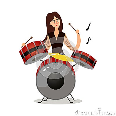 Young woman musician sitting and playing drums vector illustration Vector Illustration