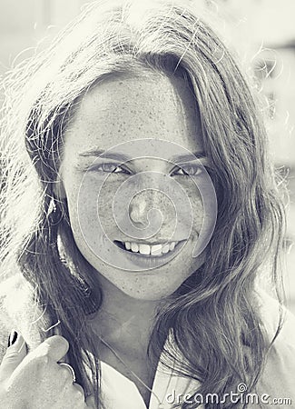 Young woman natural portrait hipster black and white freckled street city stile Stock Photo