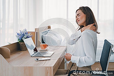 Young women neck and shoulder pain injury with red highlights on pain area, healthcare and medical concept Stock Photo