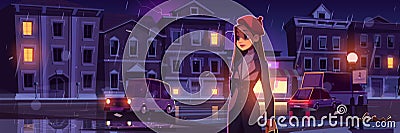 Young woman on night street at rainy weather. Vector Illustration