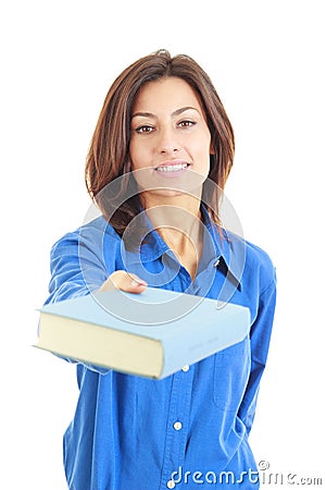 Young woman offering or giving book Stock Photo