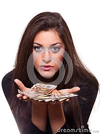 Young woman offering money Stock Photo