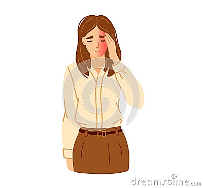 Young woman in office clothes suffering from migraine and headache, pressing hand to face. Vector hand-drawn Vector Illustration