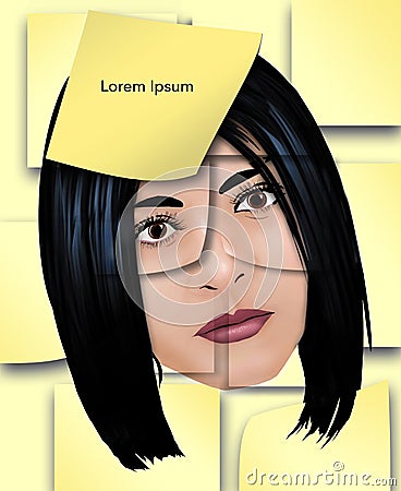 A young woman office worker is overcome by the large number of adhesive paper notes she encounters in her job Cartoon Illustration