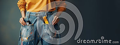 Young woman in orange shirt and blue jeans covered in paint, with paintbrushes in her pockets. Generative AI Stock Photo
