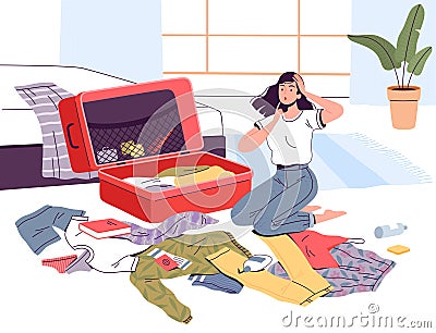 A young woman packs her suitcase and thinks what to take with her on the road and whether the flight will be canceled Vector Illustration