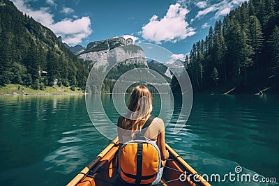 Young woman paddling a kayak on Lake braies in south tyrol, italy, Female kayaking on a mountain lake, rear view, no face revealed Stock Photo