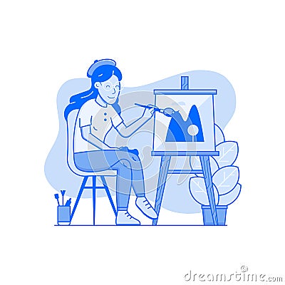 Young Woman Painter Drawing Picture on Canvas Vector Illustration