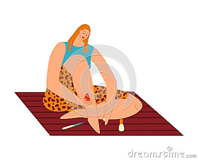 Young woman painting toenails sitting on floor relaxed home spa. Self care routine beauty treatment vector illustration Vector Illustration