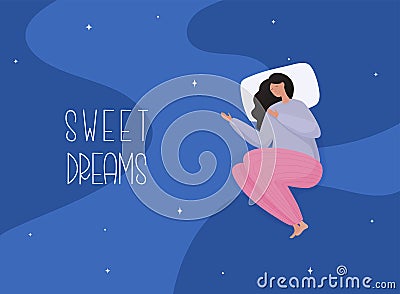Young woman in pajamas sleeping on soft pillow. Sweet dreams, good health concept Vector Illustration