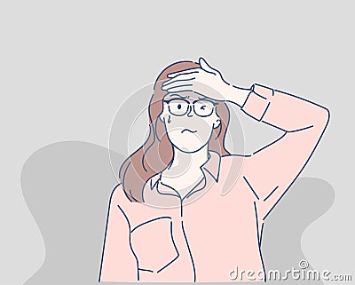 Young woman panic she holding hands on her head. Vector Illustration