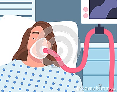 Young Woman Patient in Hospital Lying on Bed with Mask Having Artificial Lung Ventilation Being in Critical Condition Vector Illustration