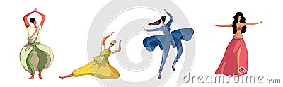 Young Woman Performing Different Folk Dances Moving Gracefully Vector Set Vector Illustration