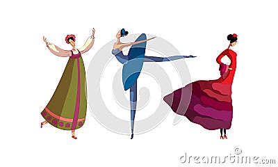 Young Woman Performing Different Folk Dances Moving Gracefully Vector Set Vector Illustration