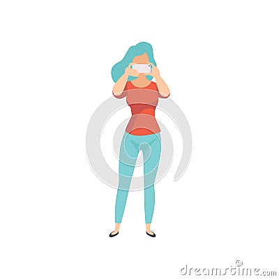 Young woman photographing, girl taking photo using smartphone vector Illustration on a white background Vector Illustration