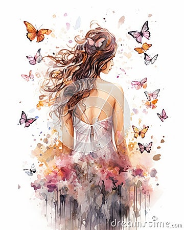 Looking Girl with Butterflies and Long Hair Flying Stock Photo