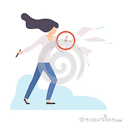Young Woman Planning and Managing Her Personal Timetable, Organization and Control of Working Time, Efficient Time Vector Illustration