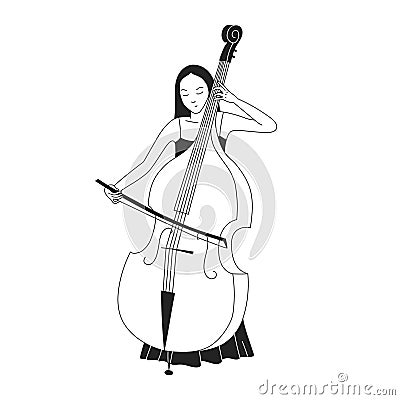 Young woman playing contrabass. Female contrabass artist. Elegant young girl and classical orchestral musical instrument Vector Illustration