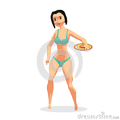 A young woman is playing in a frisbee at the beach. A girl in a Vector Illustration