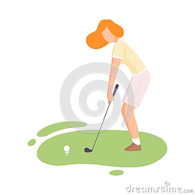 Young Woman Playing Golf, Female Golfer Striking Ball with Golf Club on Course with Green Grass, Outdoor Sport or Hobby Vector Illustration