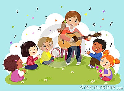 Young woman playing guitar with a group of kids singing and playing musical instruments. Female teacher and pupils having music in Vector Illustration