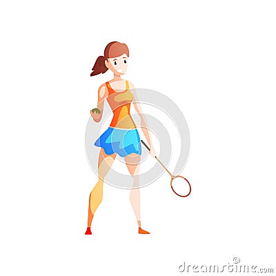 Young woman playing tennis, female sportsman character with racket in her hand, active healthy lifestyle vector Vector Illustration