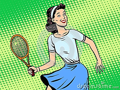 Young woman playing tennis retro style pop art Vector Illustration