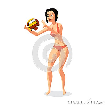 Young woman playing volleyball. Girl beats the ball in the game. Cartoon Illustration