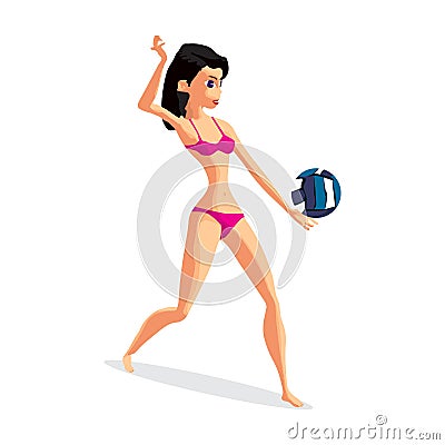 Young woman playing volleyball. Girl puts the ball in the game. Cartoon Illustration